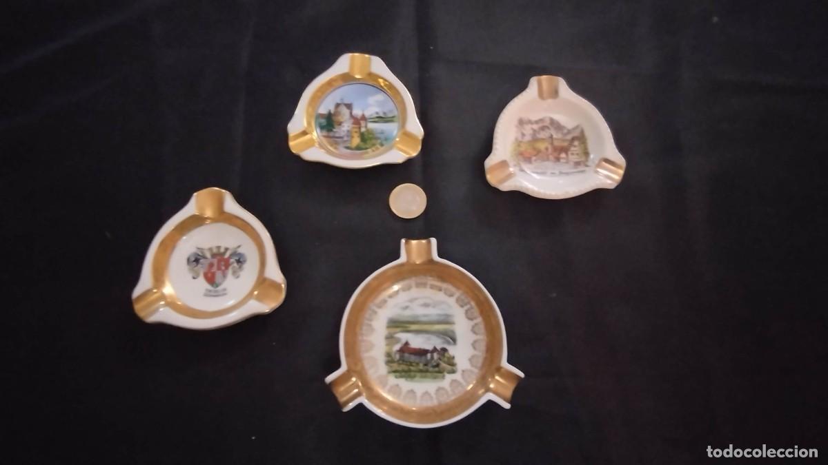 Cendriers: Juego de 4 mini ceniceros de porcelana de recuerdo con escudos y borde de oro de ley