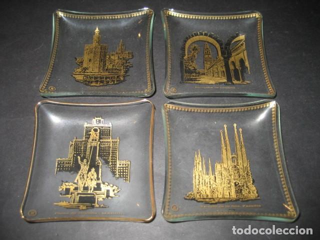 Ashtrays: 4 CENICEROS CRISTAL. TORRE DEL ORO SAGRADA FAMILIA P. ESPA&Ntilde;A MADRID, DON QUIJOTE, MEZQUITA CORDOBA 1