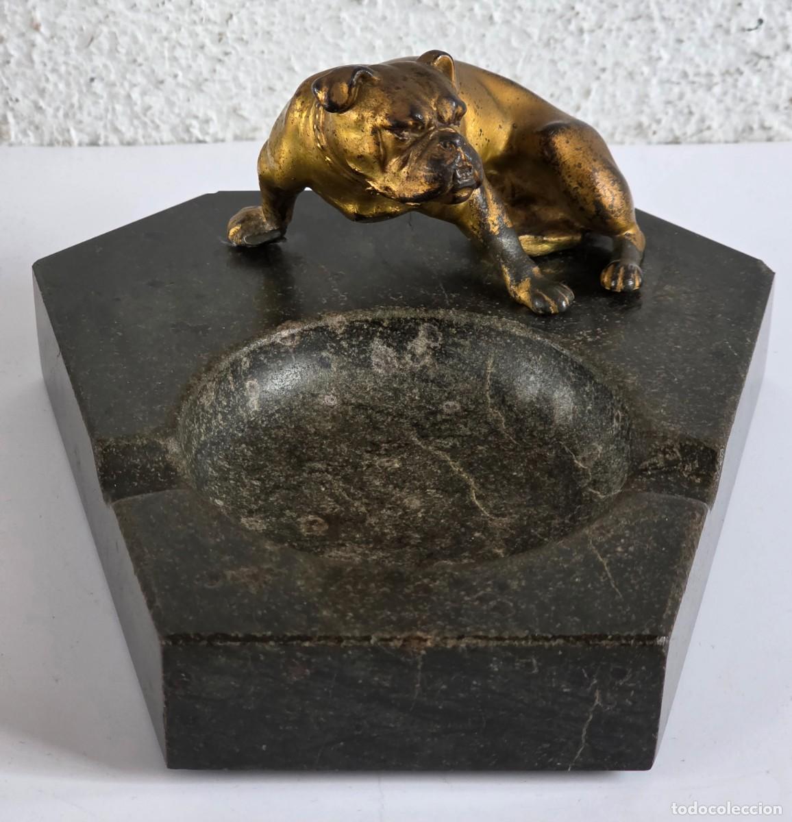 Ceniceros: Antiguo Cenicero Figura Perro Bulldog sobre M&aacute;rmol Negro - Art D&eacute;co Nouveau Decoraci&oacute;n Fumar
