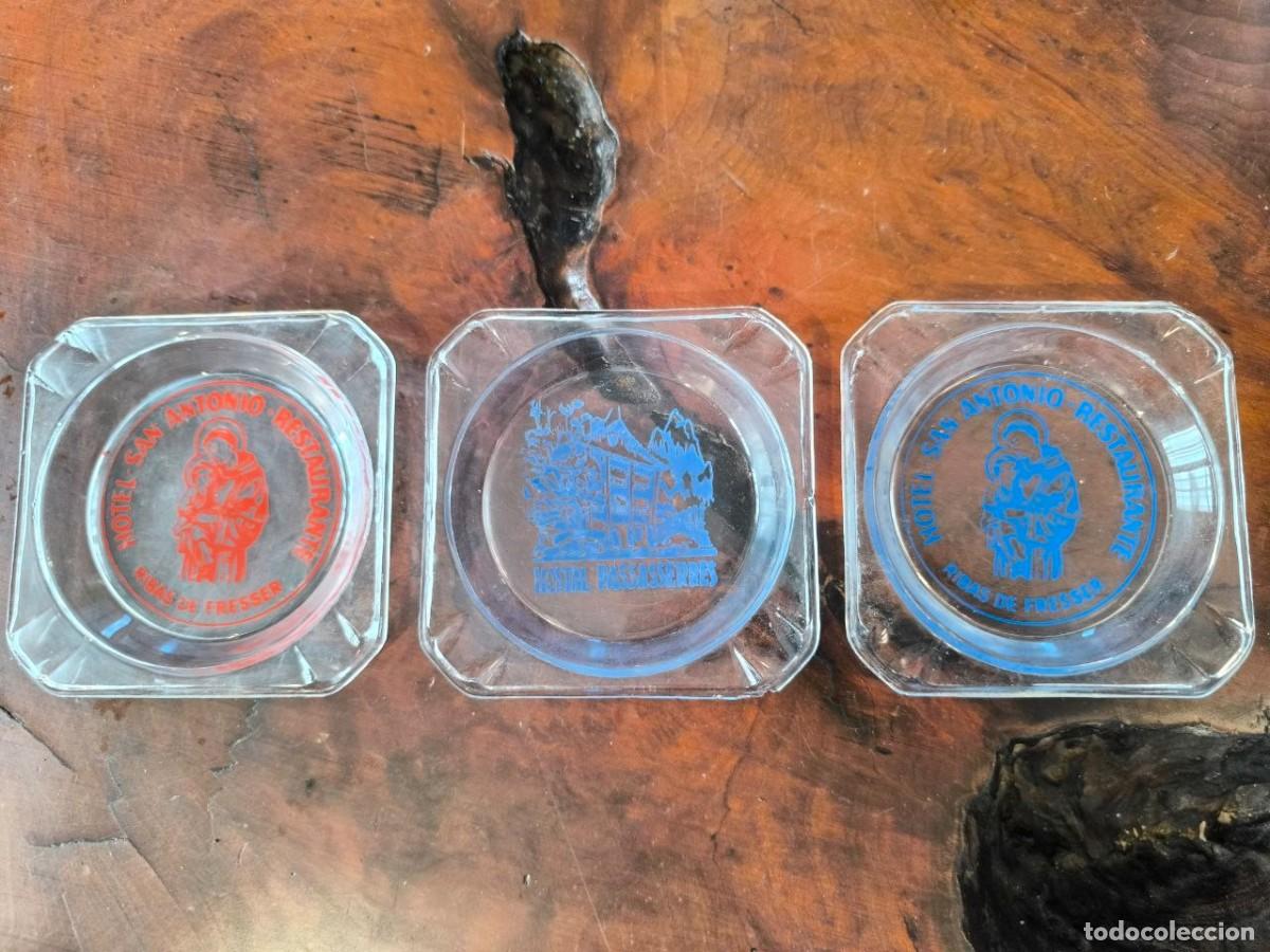 Ceniceros: TRES CENICEROS DE CRISTAL, 2 HOTEL SAN ANTONIO RIBAS DE FRESER, 1 HOSTAL PASSASSERRES 9X9 CM