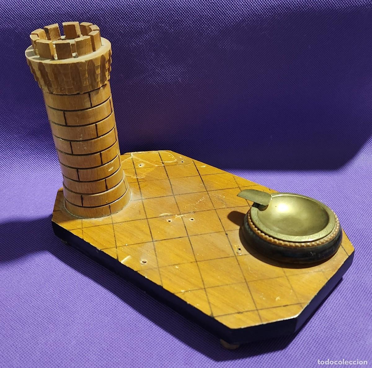 Ceniceros: antiguo cenicero TORRE ROMANA de madera y bronce