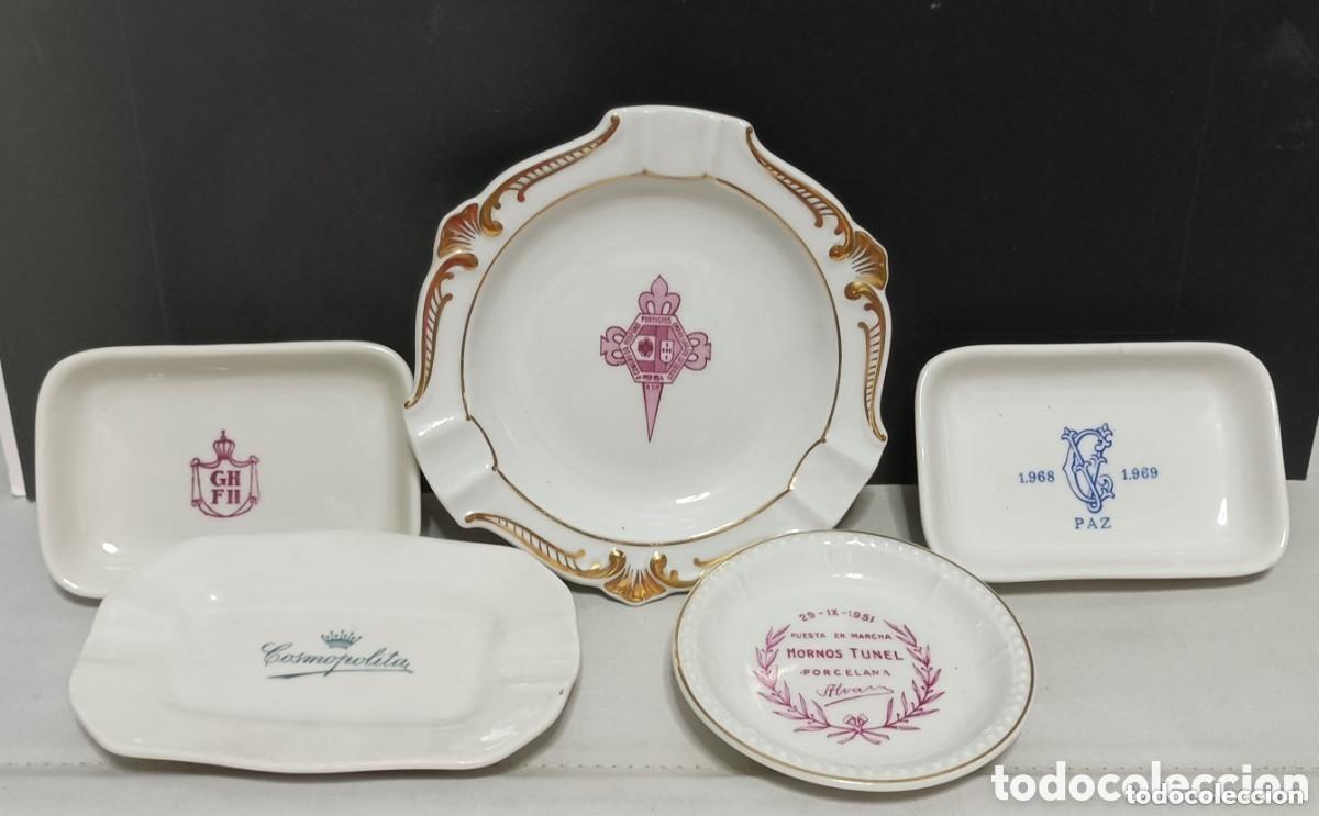 Cinzeiros: JUEGO DE 5 CENICEROS EN PORCELANA SANTA CLARA, VIGO. COSMOPOLITA, HORNOS TUNEL, II CONGRESO HISPANO