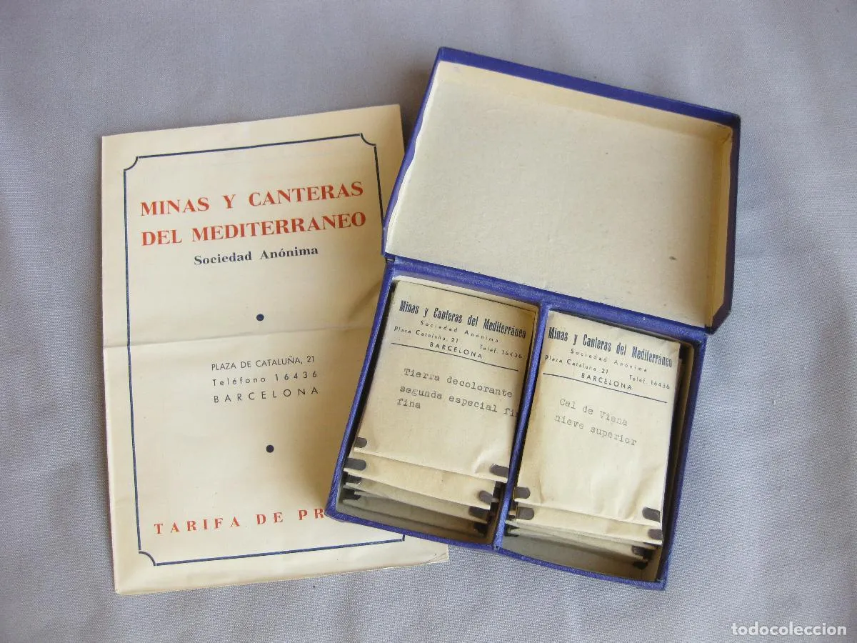 ANTIGUO MUESTRARIO CATÁLOGO CON MUESTRAS DE MINERALES. MINAS Y CANTERAS DEL MEDITERRANEO. BARCELONA