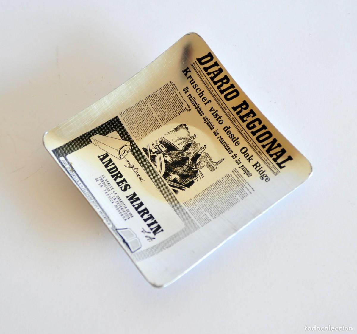 Ceniceros: Cenicero vintage de aluminio anodizado plateado. Publicidad Gr&aacute;ficas Andr&eacute;s Martin SA. Valladolid