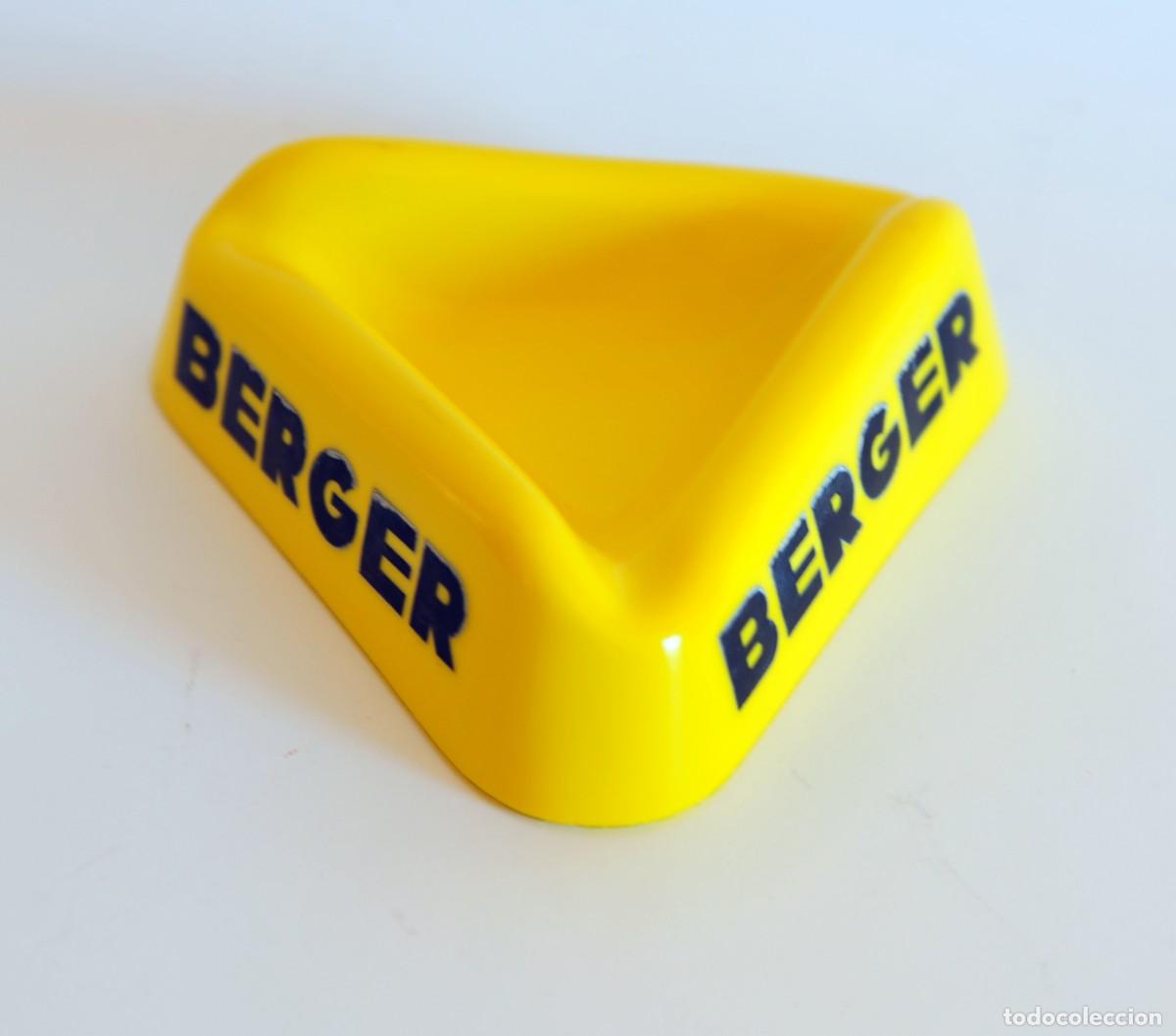 Ceniceros: Cenicero vintage de pasta de vidrio, publicidad de Berger. Amarillo con letras negras. Triangular