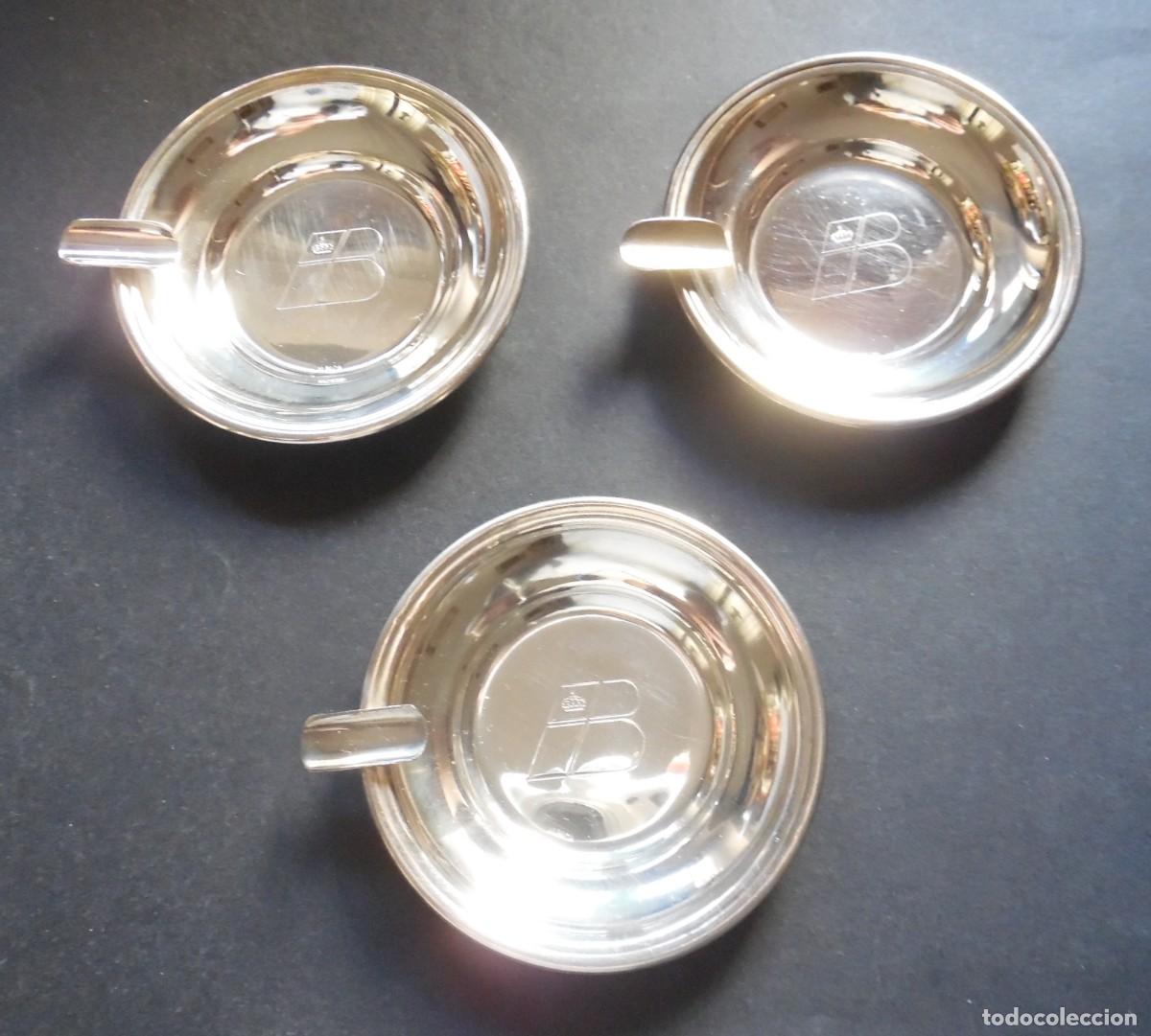 Ashtrays: 3 Ceniceros individuales vintage de Iberia, de alpaca, con logotipo Corona, a&ntilde;os 80