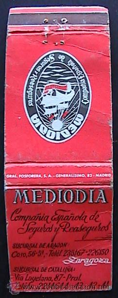 Cajas de cerillas: CAJA DE CERILLAS VACIA, MEDIODIA COMPA&Ntilde;IA ESPA&Ntilde;OLA DE SEGUROS Y REASEGUROS, ZARAGOZA,  (24) - Foto 1