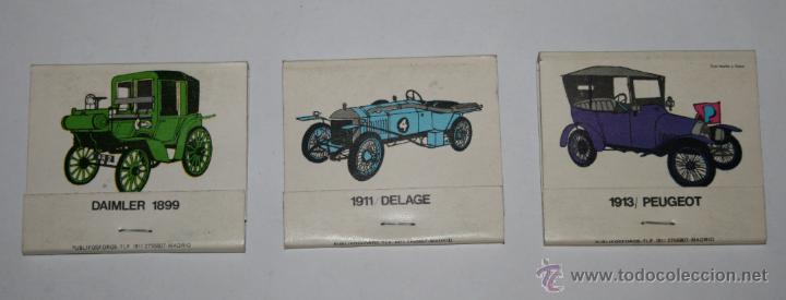Cajas de Cerillas: 3 CAJAS VINTAGE DE CERILLAS COMPLETAS SERIE COCHES ANTIGUOS, DAIMLER 1899, PEUGEOT 1913, DELAGE 1911