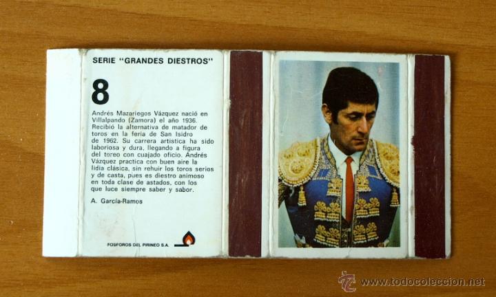 Cajas de cerillas: Caja de cerillas - Serie Grandes Diestros, n&ordm; 8 Mazariegos M&aacute;rquez- F&oacute;sforos del Pirineo - A&ntilde;os 70