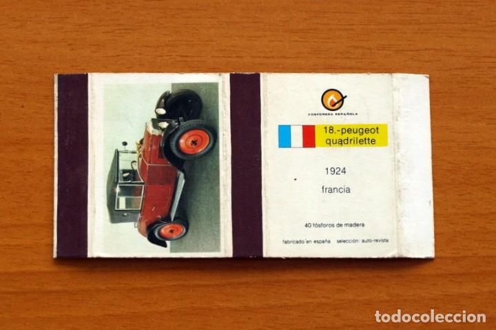 Cajas de Cerillas: Caja de cerillas - Coches antiguos - N&ordm; 18 Peugeot Quadrilette 1924 Francia -Fosforera espa&ntilde;ola 1975