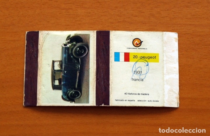 Cajas de Cerillas: Coches Antiguos - N&ordm; 20 Peugeot 1931 - Fosforera Espa&ntilde;ola, Caja de cerillas - A&ntilde;o 1975