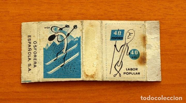 Cajas de cerillas: Caja de Cerillas en plancha - Deportes, Azul, n&ordm; 31, Esqu&iacute; - Fosforera Espa&ntilde;ola 1957