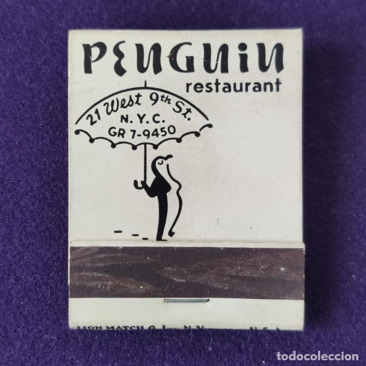 Bo&icirc;tes d'Allumettes: CAJA DE CERILLAS. PENGUIN RESTAURANT, NEW YORK, USA. USADA.