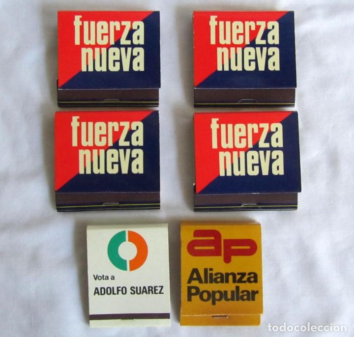 Matchboxes: 6 cajas de cerillas publicidad electoral pol&iacute;tica, Fuerza Nueva, UCD, AP