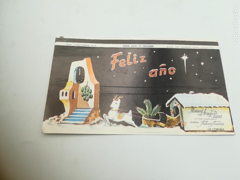 Cajas de cerillas: ANTIGUA CAJA DE CERRILLAS PUBLICITARIA. FELICES FIESTAS. MANUEL ARAUJO PAZOS. LA CORU&Ntilde;A