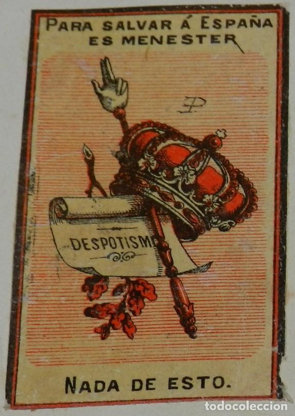 Bo&icirc;tes d'Allumettes: CAJA DE CERILLAS, ENVUELTA, CROMO, FOTOTIPIA, SIGLO XIX. SATIRICO-POLITICA, MIDE 6 X 4 CMS. APROX.