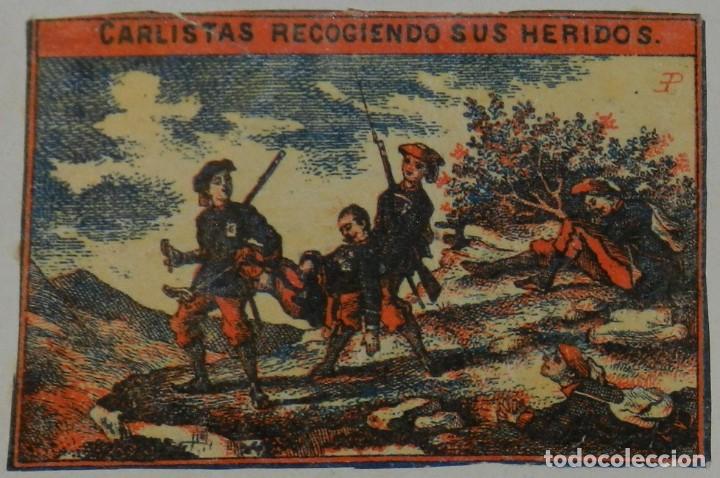 Caixas de F&oacute;sforos: CAJA DE CERILLAS, ENVUELTA, CROMO, FOTOTIPIA, SIGLO XIX. CARLISTAS RECOGIENDO SUS HERIDAS, MIDE 6 X