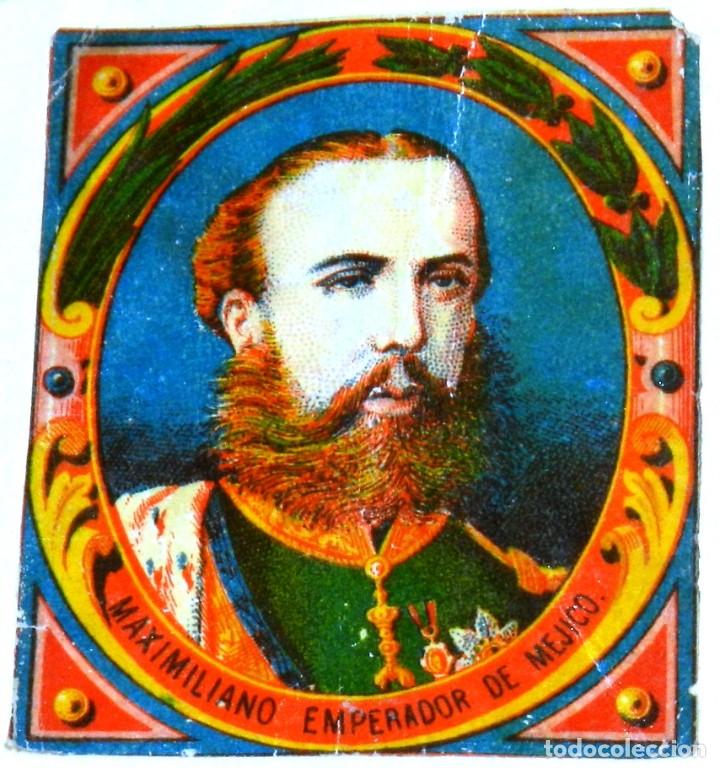 Cajas de cerillas: CAJA DE CERILLAS, ENVUELTA, CROMO, FOTOTIPIA, SIGLO XIX. SATIRICO-POLITICAS, MAXIMILIANO EMPERADOR D