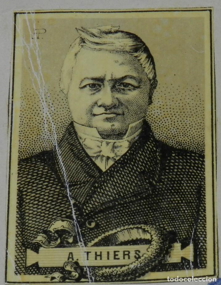 Matchboxes: CAJA DE CERILLAS, ENVUELTA, CROMO, FOTOTIPIA, SIGLO XIX. SATIRICO-POLITICAS, A. THIERS, MIDE 6 X 4 C