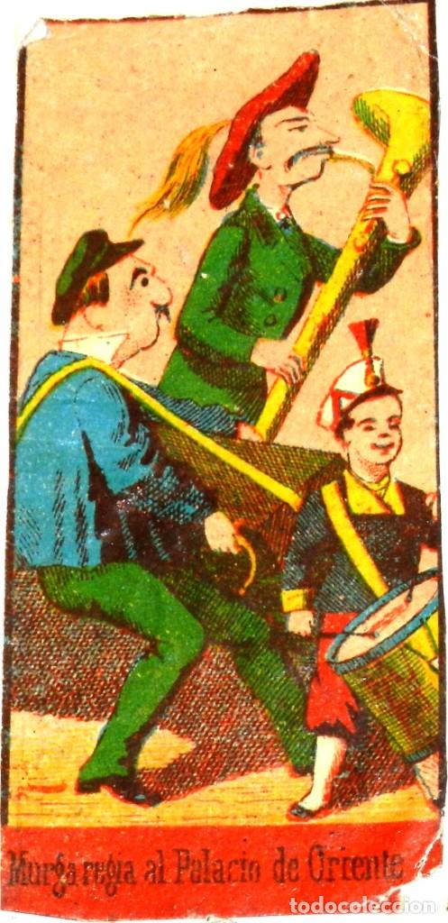 Bo&icirc;tes d'Allumettes: CAJA DE CERILLAS, ENVUELTA, CROMO, FOTOTIPIA, SIGLO XIX. SATIRICO-POLITICAS, MURGA, MIDE 6 X 4 CMS.