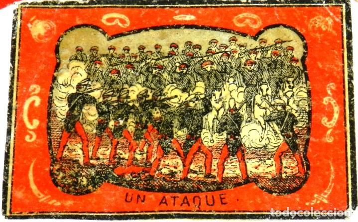 Matchboxes: CAJA DE CERILLAS, ENVUELTA, CROMO, FOTOTIPIA, SIGLO XIX. SATIRICO-POLITICAS, UN ATAQUE, MIDE 6 X 4 C