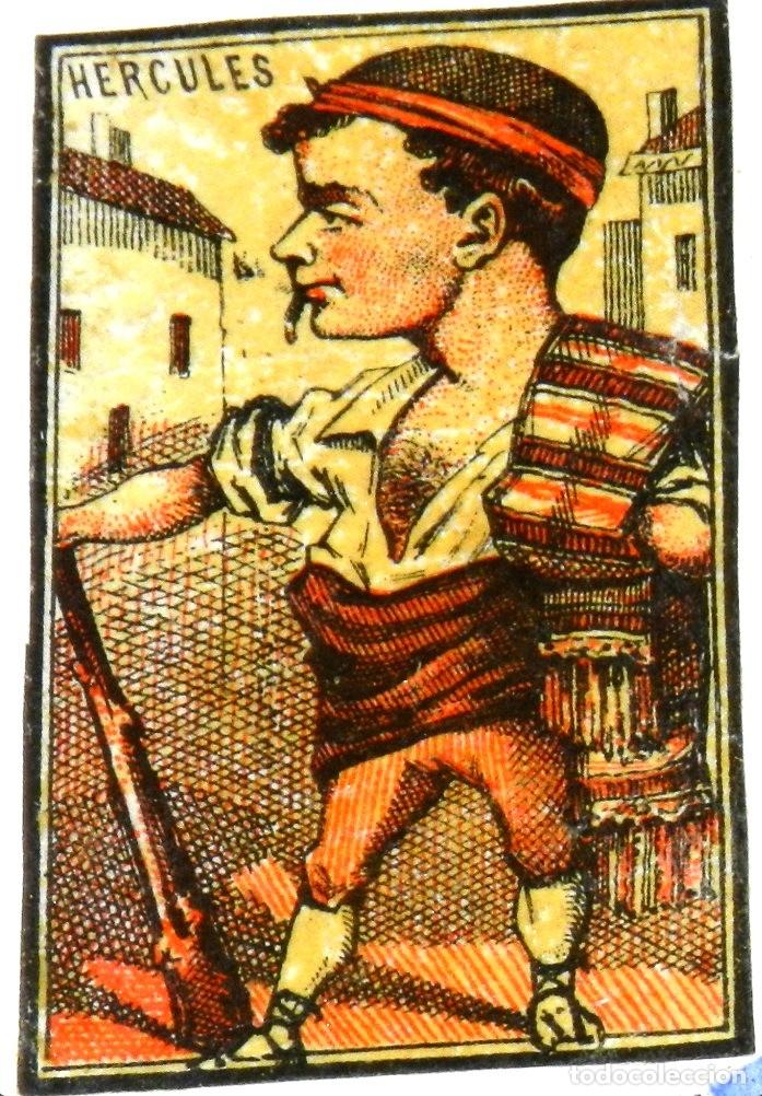 Bo&icirc;tes d'Allumettes: CAJA DE CERILLAS, ENVUELTA, CROMO, FOTOTIPIA, SIGLO XIX. SATIRICO-POLITICAS, HERCULES, MIDE 6 X 4 CM