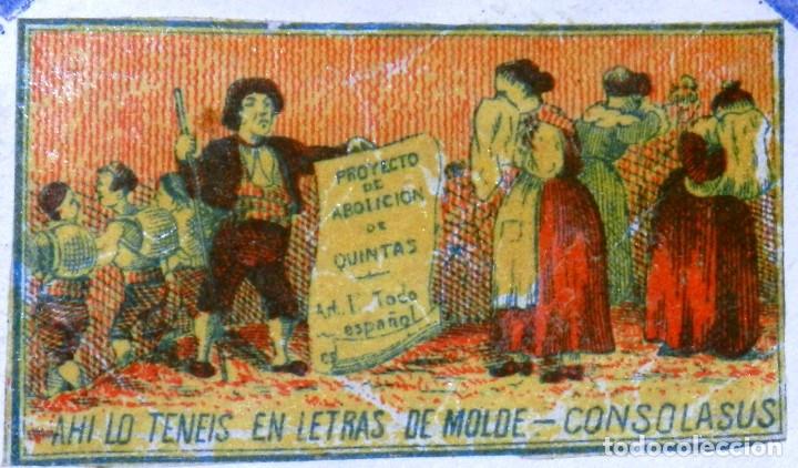 Cajas de cerillas: CAJA DE CERILLAS, ENVUELTA, CROMO, FOTOTIPIA, SIGLO XIX. SATIRICO-POLITICAS, I REPUBLICA, MIDE 6 X 4