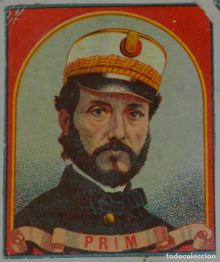 Cajas de cerillas: CAJA DE CERILLAS, ENVUELTA, CROMO, FOTOTIPIA, SIGLO XIX. SATIRICO-POLITICAS, PRIM, MIDE 6 X 4 CMS. A