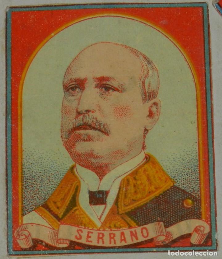 Bo&icirc;tes d'Allumettes: CAJA DE CERILLAS, ENVUELTA, CROMO, FOTOTIPIA, SIGLO XIX. SATIRICO-POLITICAS, SERRANO, MIDE 6 X 4 CMS