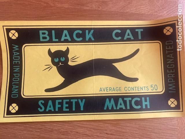 Cajas de Cerillas: Safety Matches Black Cat. Cerillas Inglesas. Etiqueta publicitaria 25 x 13.5 cm
