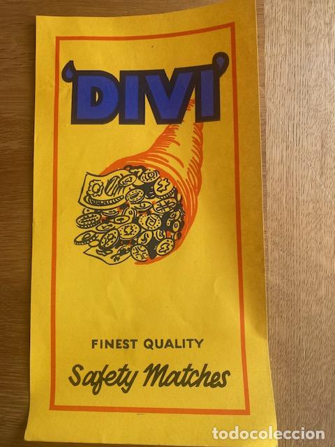 Cajas de Cerillas: Safety Matches DIVI. Cerillas Inglesas. Etiqueta publicitaria 28.5x 15 cm