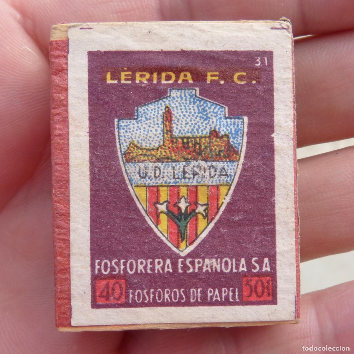 Cajas de Cerillas: Caja de madera forradad para cerillas vacia, Fosforera espa&ntilde;ola, Lerida club de futbol.