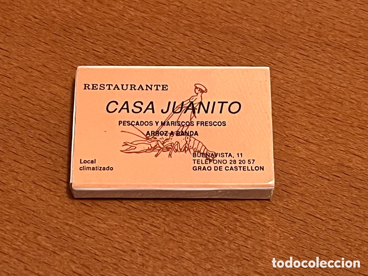 Cajas de Cerillas: Caja de cerillas / f&oacute;sforos CASA JUANITO. Restaurante Grao de Castell&oacute;n. Rioja Marqu&eacute;s de C&aacute;ceres