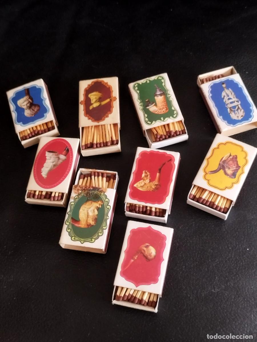 Cajas de Cerillas: Colecci&oacute;n de 9 cajas de cerillas, tem&aacute;tica pipa fumar tabaco.