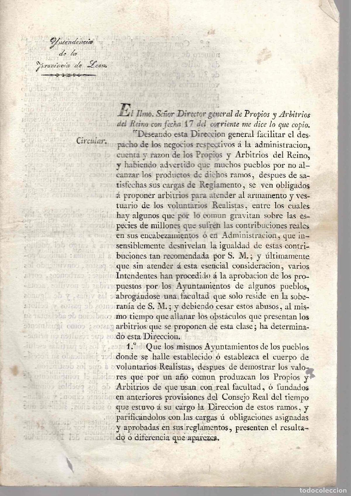 Cajas de Cerillas: INTENDENCIA LEON. REGULACION DE ARBITRIOS PARA ATENDER ARMAMENTO DE VOLUNTARIOS REALISTAS