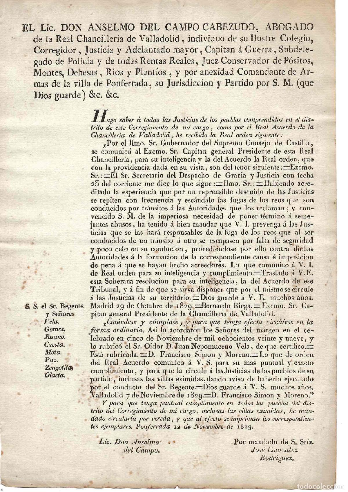 Cajas de Cerillas: PONFERRADA. REAL ORDEN PARA REGULACION DE FUGAS DE REOS. A&Ntilde;O 1829