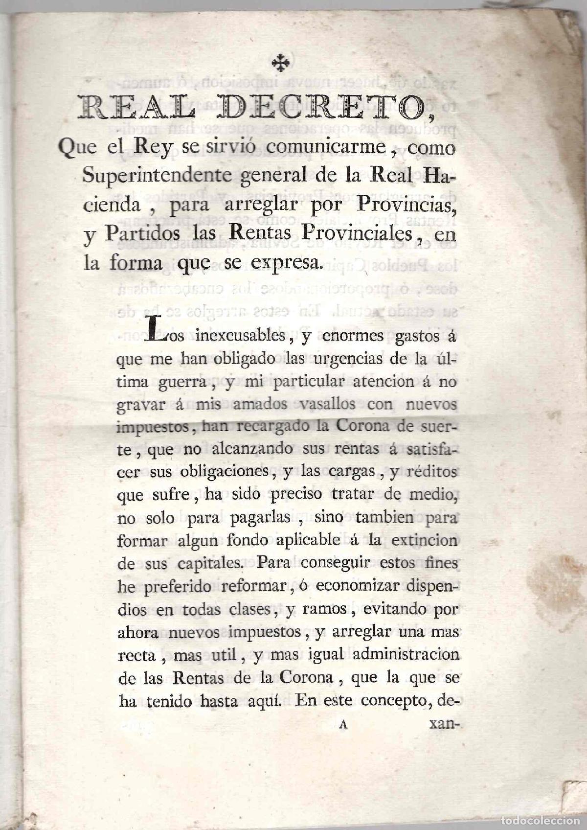 Cajas de Cerillas: REAL DECRETO PARA ARREGLAR POR PROVINCIAS Y PARTIDOS LAS RENTAS PROVINCIALES. A&Ntilde;O 1785