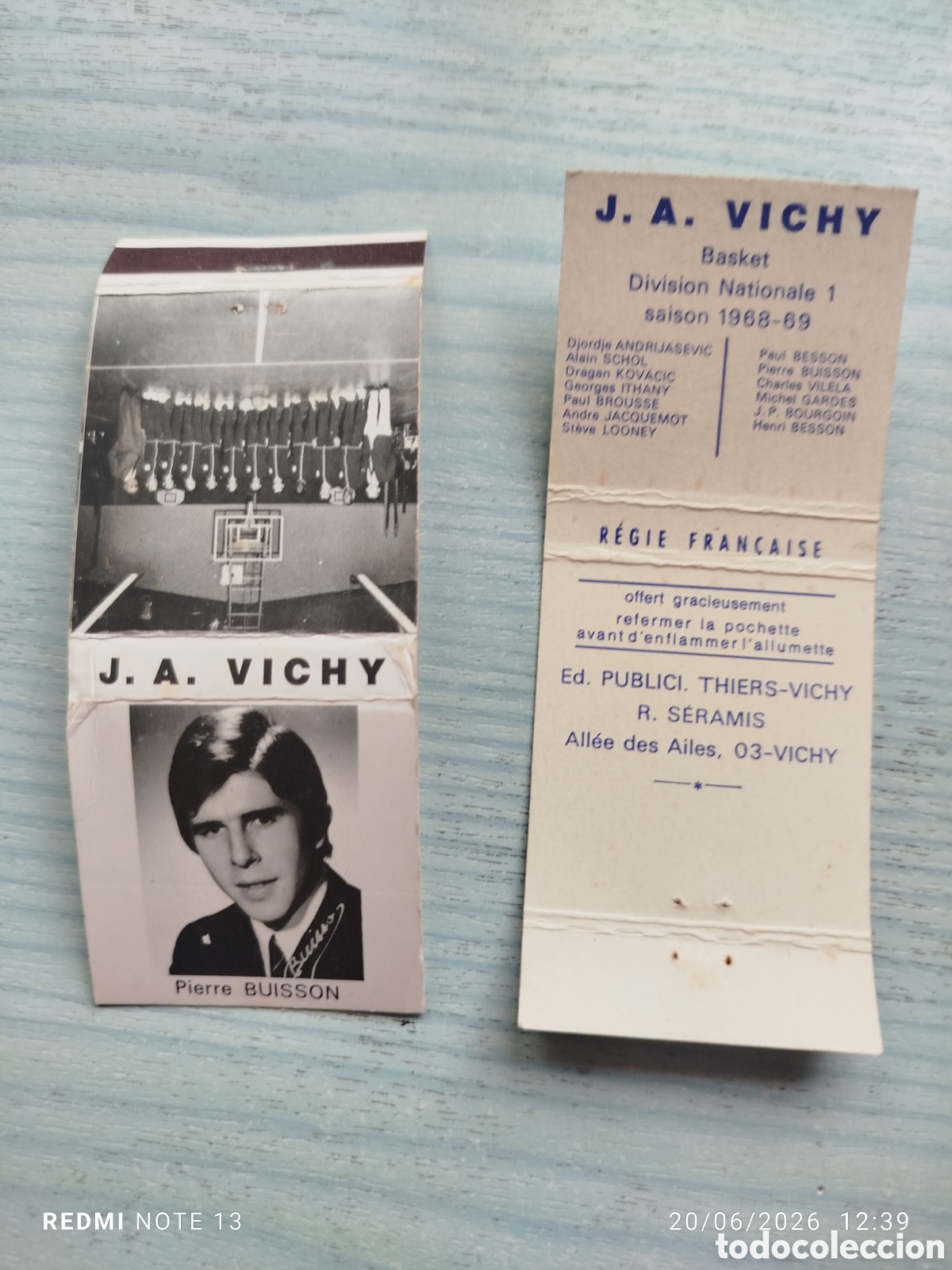 Cajas de Cerillas: caja cerillas basket J.A .VICHY--1968-69 FRANCIA--Pierre BUISSON