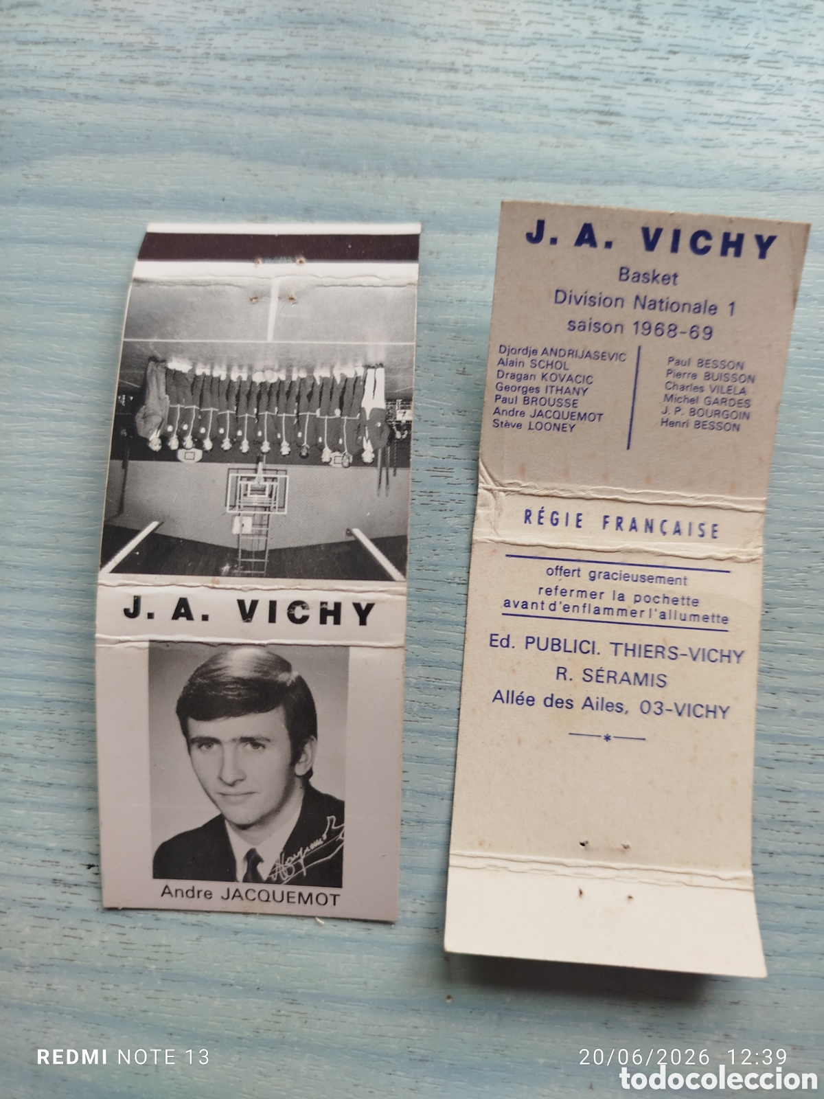 Cajas de Cerillas: caja cerillas basket J.A .VICHY--1968-69 FRANCIA--Andre JACQUEMOT