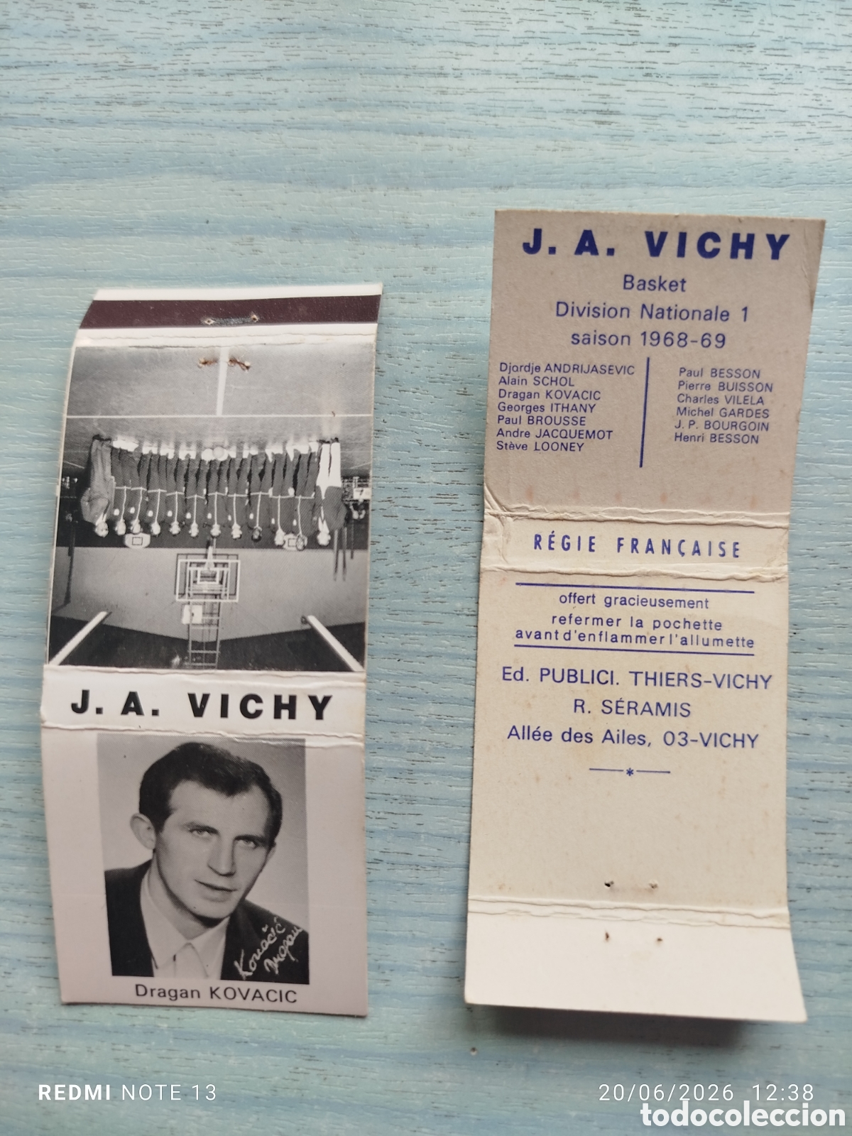 Cajas de Cerillas: caja cerillas basket J.A .VICHY--1968-69 FRANCIA--Dragan KOVACIC