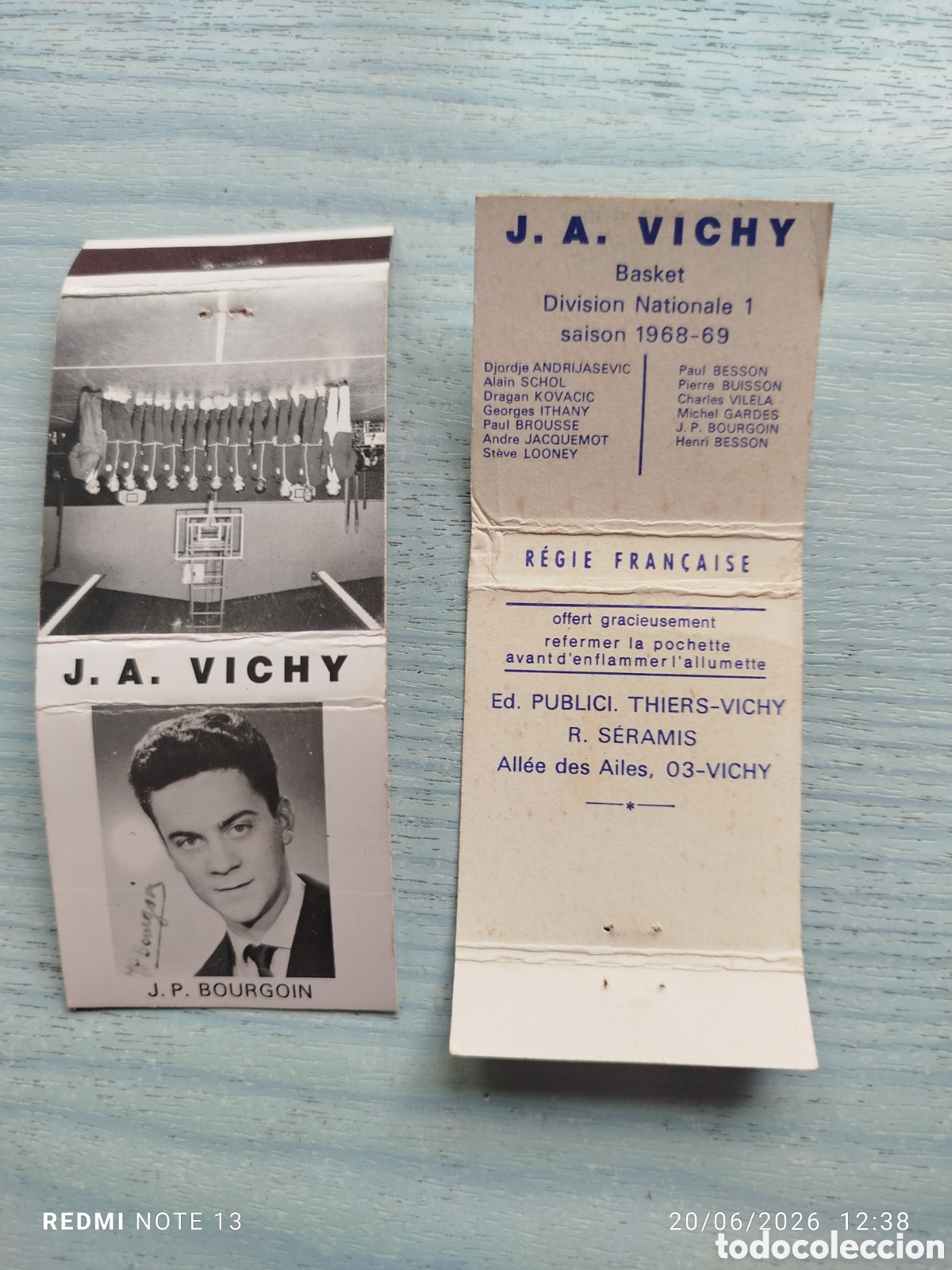 Cajas de Cerillas: caja cerillas basket J.A .VICHY--1968-69 FRANCIA--J.P. BOURGOIN