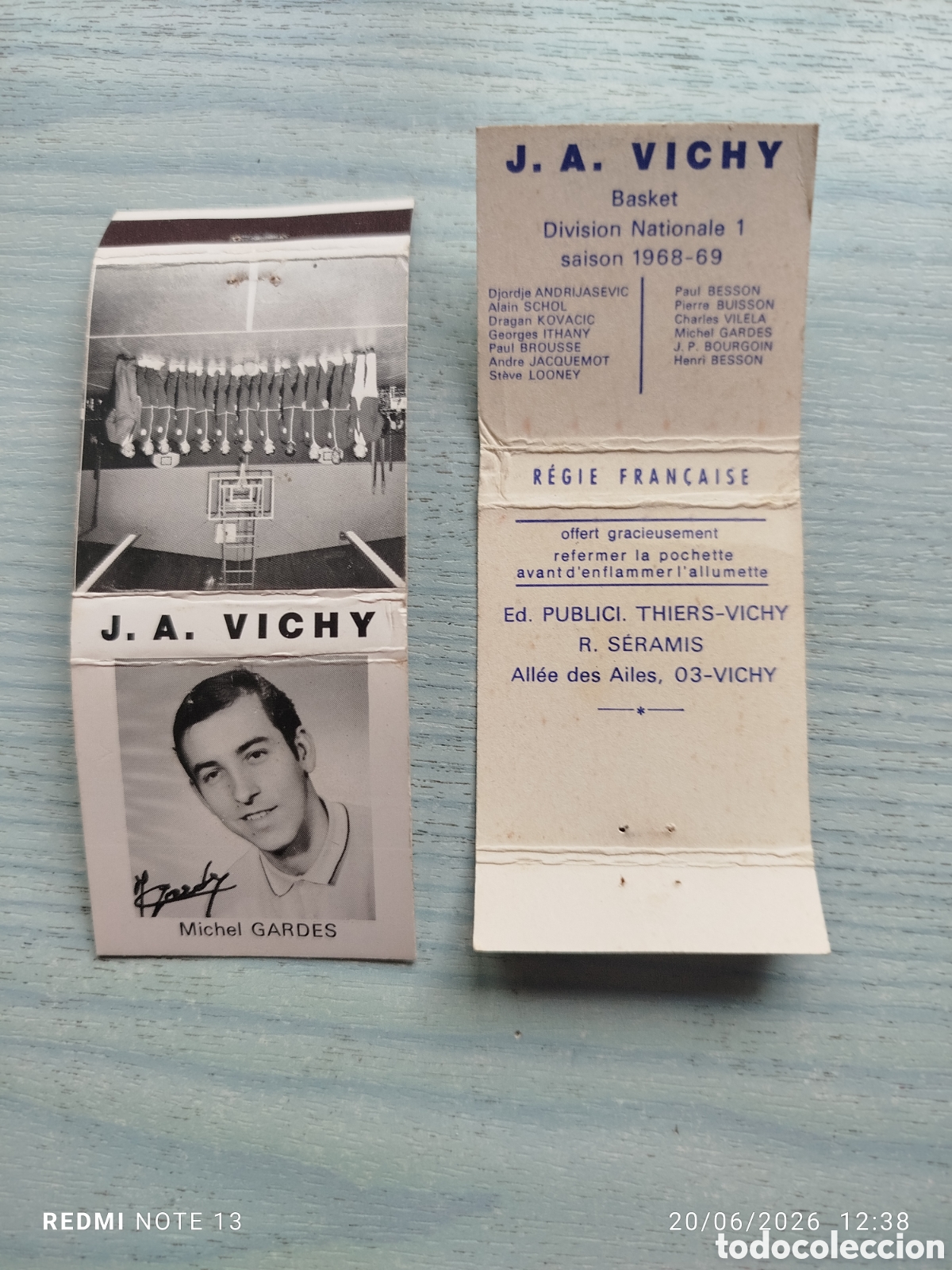 Cajas de Cerillas: caja cerillas basket J.A .VICHY--1968-69 FRANCIA--Michel GARDES