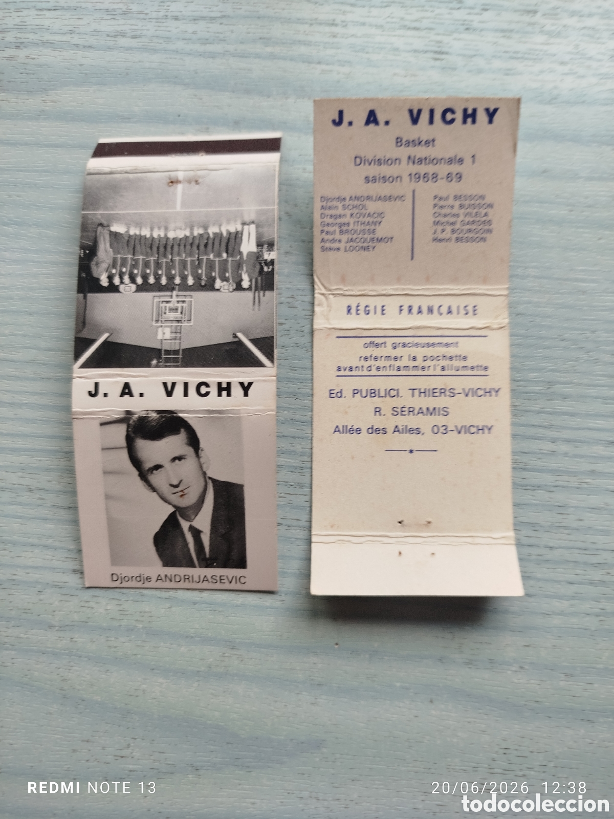 Cajas de Cerillas: caja cerillas basket J.A .VICHY--1968-69 FRANCIA--Djorsjr ANDRIJASEVIC