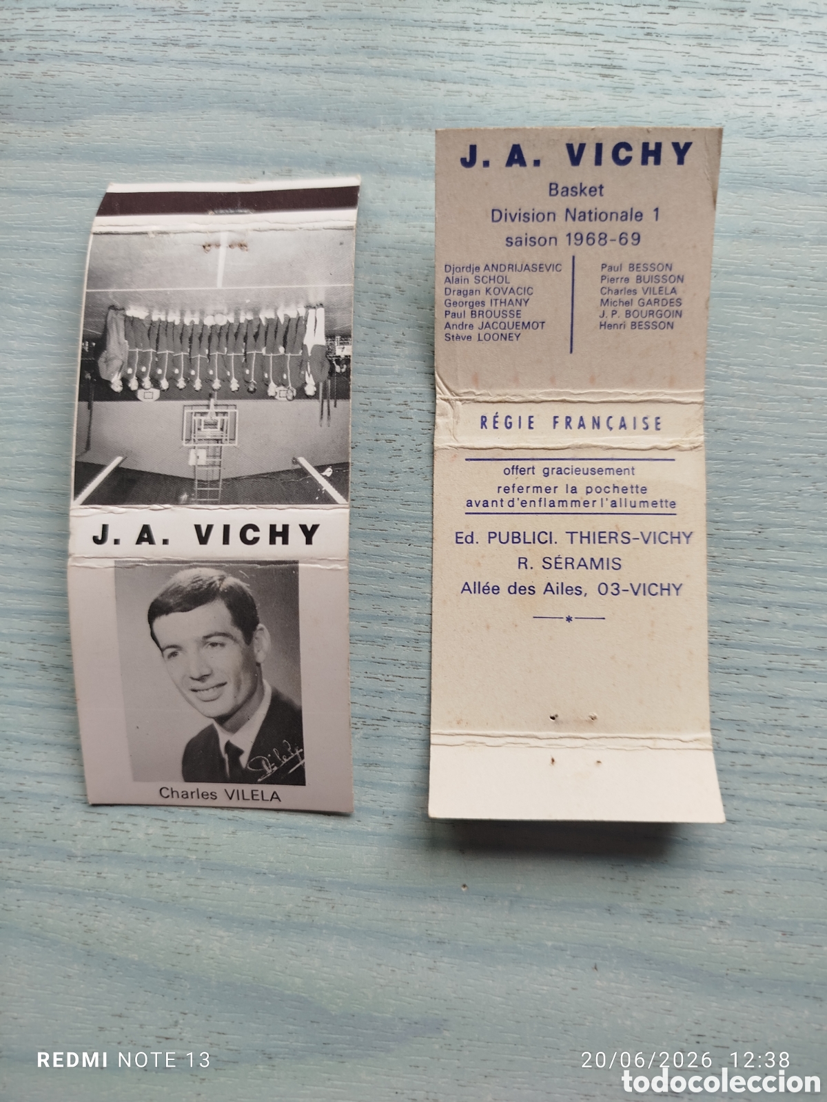 Cajas de Cerillas: caja cerillas basket J.A .VICHY--1968-69 FRANCIA--Charles VILELA