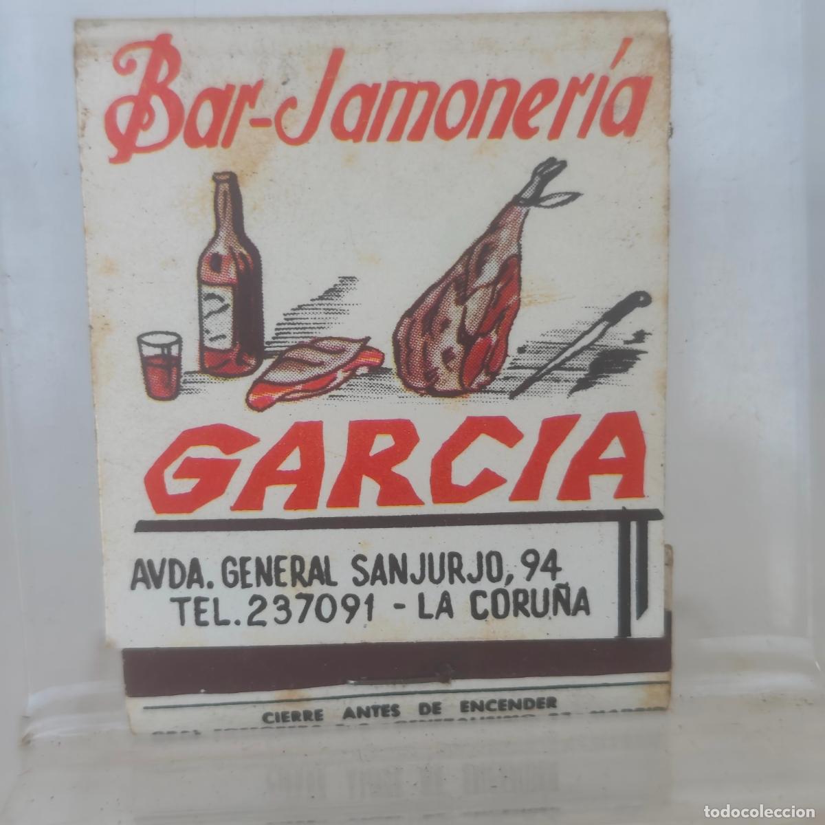 Cajas de cerillas: Caja de cerillas f&oacute;sforo BAR JAMONERIA GARCIA A LA CORU&Ntilde;A