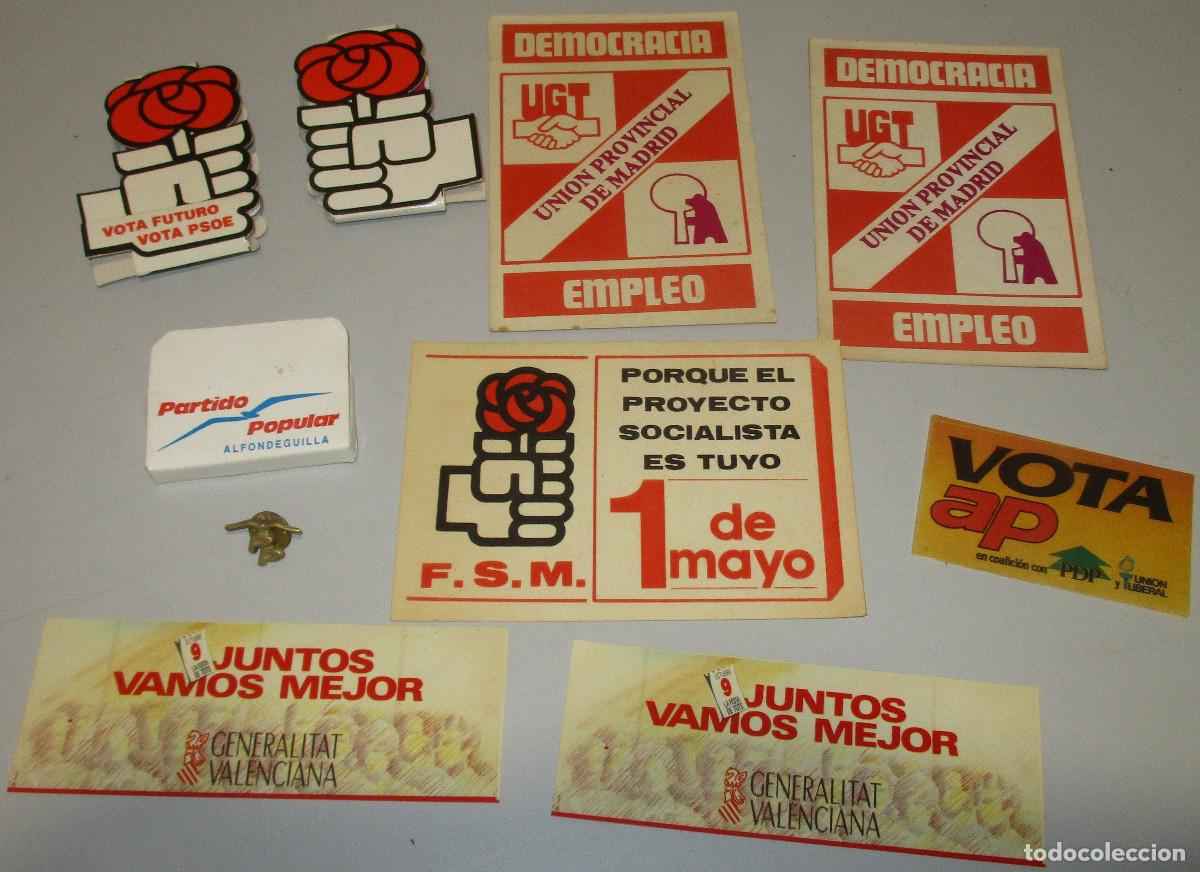 Cajas de cerillas: Lote partidos pol&iacute;ticos y sindicales PSOE, PP, AP, UGT, cerillas, pegatinas, pin