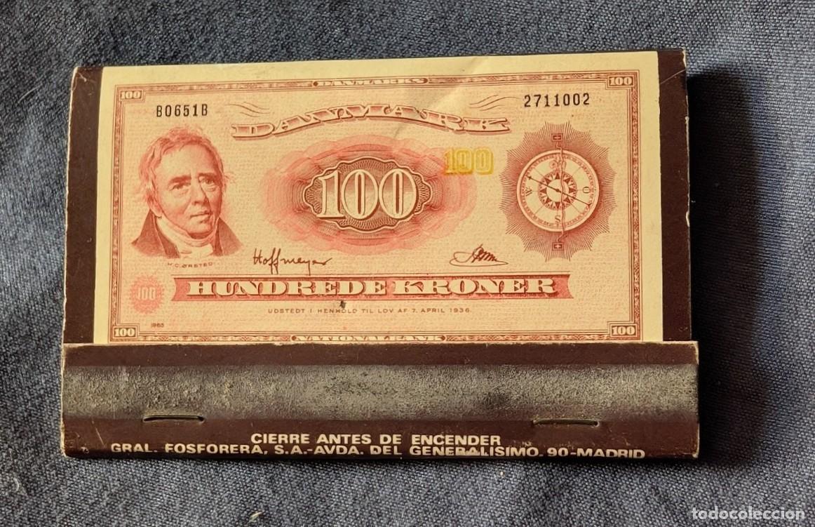 Cajas de cerillas: Librillo cerillas Banco Popular 1971 billete 100 coronas Dinamarca publicitario