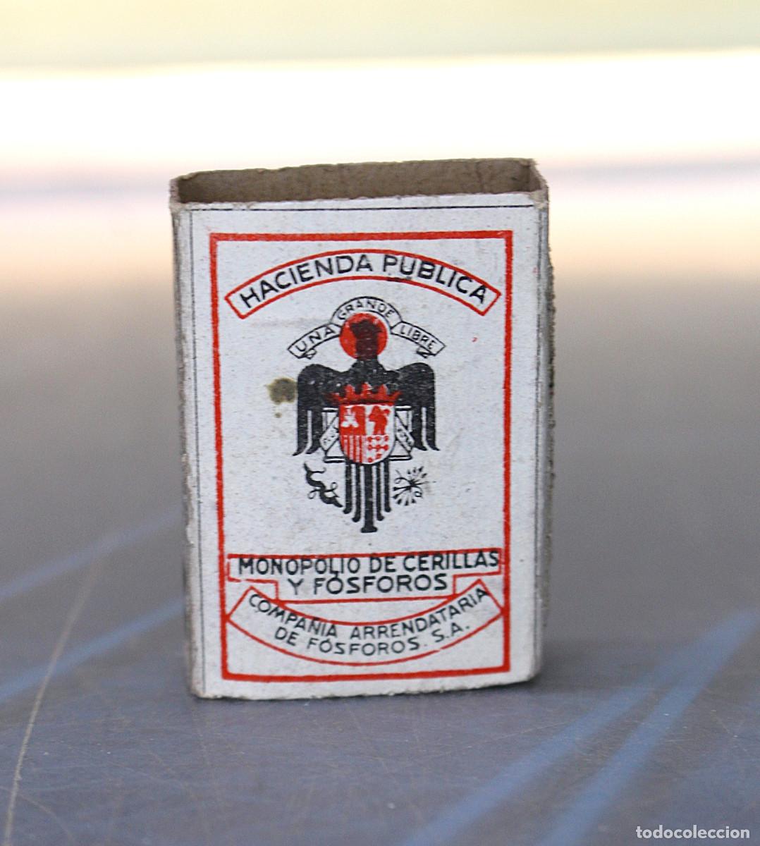 Cajas de cerillas: Antigua caja de cerillas Hacienda Publica, Monopolio De Cerillas Y F&oacute;sforos Finas N&ordm;1. A&ntilde;os 40.