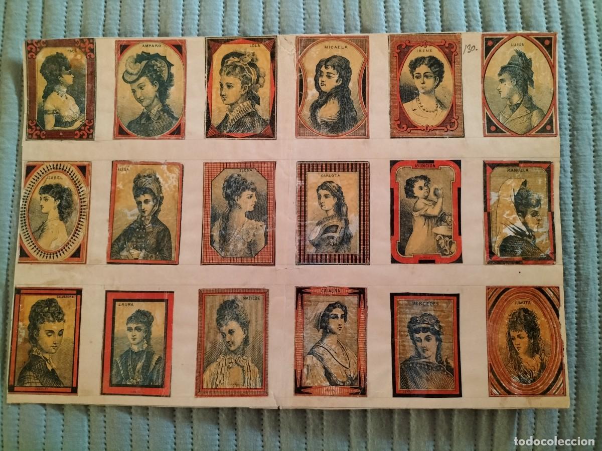 Cajas de cerillas: LAMINA CON 18 envueltas -CROMOS DEL S. XIX DE CAJAS DE CERILLAS( nombres de mujeres)