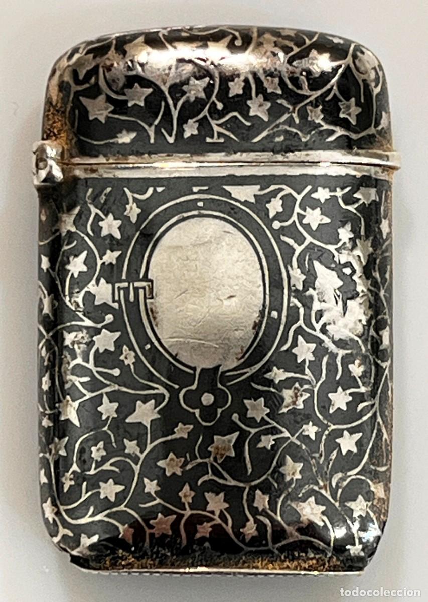 Cajas de cerillas: Antigua caja de cerillas de plata punzonada, decoraci&oacute;n niello, Markowitsch & Scheid, Viena, 1860s/7
